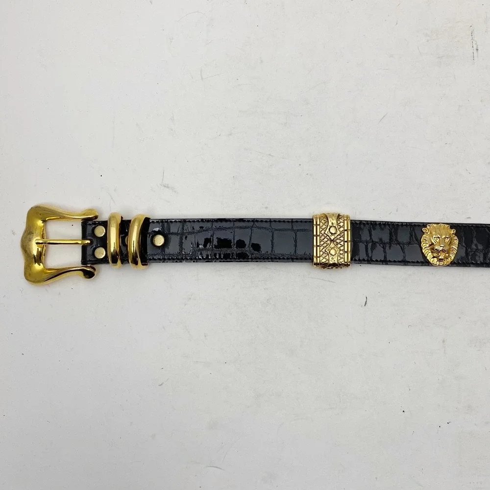 Vintage BB Simon Lion Head Belt Women 26 Black Gold Croc Embossed Patent Leather